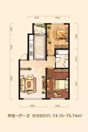 桐楠格领誉B3-2户型-2室1厅1卫1厨建筑面积118.83平米