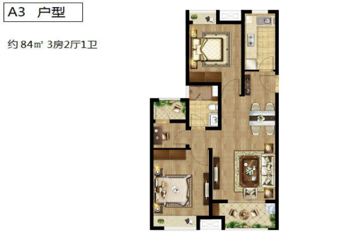 天健萃园A3-84平-3室2厅1卫1厨建筑面积84.00平米