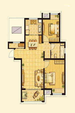 西上海御庭C1户型-2室2厅1卫1厨建筑面积90.74平米