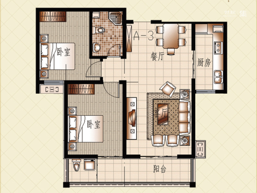 上起澜湾3-4#楼标准层A3户型-2室2厅1卫1厨建筑面积104.77平米
