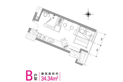 新源蜂巢21-25层公寓B户型图-1室1厅1卫1厨建筑面积34.34平米