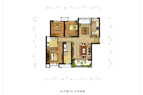 德杰·状元府邸A1户型-3室2厅2卫1厨建筑面积120.90平米