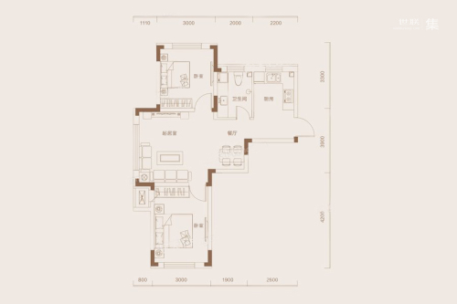 悦时光C户型-2室1厅1卫1厨建筑面积66.00平米