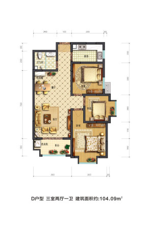 摩卡思想家D户型-3室2厅1卫1厨建筑面积104.09平米