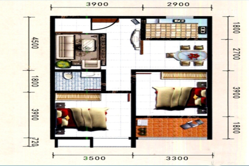 中兴金海湾H4户型-2室2厅1卫1厨建筑面积84.24平米