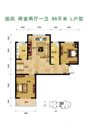 国风L户型-2室2厅1卫1厨建筑面积96.00平米