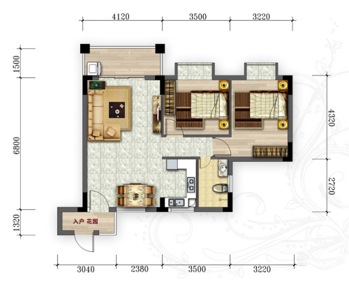 半岛水岸花园一期2#楼B2户型-2室2厅1卫1厨建筑面积83.89平米