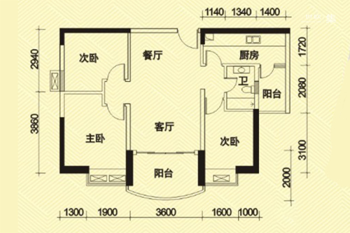穗丰金湾C2户型-3室2厅1卫1厨建筑面积91.32平米