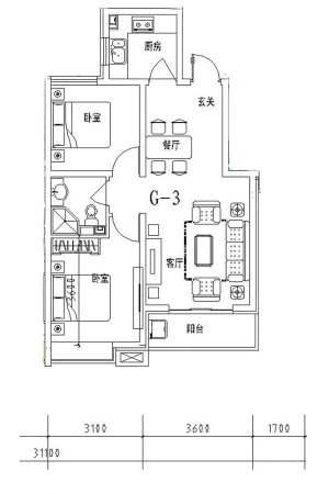 润江臻园8#G3户型-2室2厅1卫1厨建筑面积81.68平米