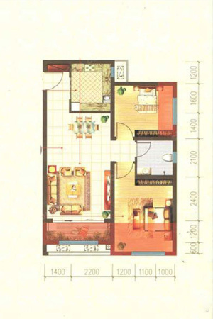 香榭水岸A户型-2室2厅1卫1厨建筑面积71.00平米