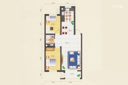 名仕雅居F户型-2室2厅1卫1厨建筑面积88.25平米