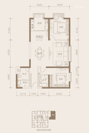 融城云熙1期1号楼7-25层B-5户型-2室2厅2卫1厨建筑面积122.00平米