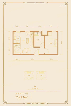 陆合玖隆1#2#标准层M2户型-2室2厅1卫1厨建筑面积65.13平米