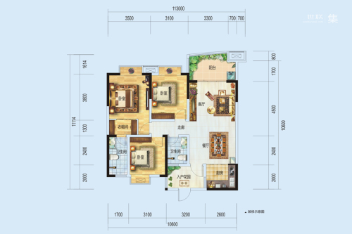 碧水半岛1#F户型-3室2厅2卫1厨建筑面积112.13平米