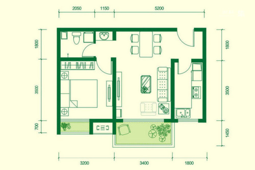 高科绿水东城三期1、4号楼D户型-1室1厅1卫1厨建筑面积54.34平米