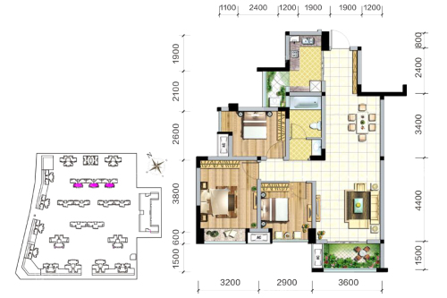 绿岛筑7号楼C2户型标准层-3室2厅1卫1厨建筑面积90.00平米