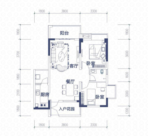 城市之心(新都)1、3号楼标准层A4户型-2室2厅1卫1厨建筑面积87.58平米