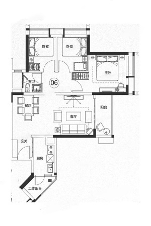 保利紫云B1-06户型-3室2厅1卫1厨建筑面积91.26平米
