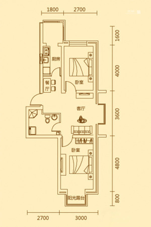 艾格尔e国际I户型-2室2厅1卫1厨建筑面积68.00平米