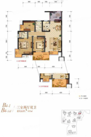 棠湖清江花语一期B4-1、B4-1a户型标准层-3室2厅2卫1厨建筑面积109.00平米