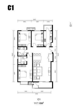 水墨林溪C1户型-3室2厅2卫1厨建筑面积117.18平米