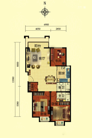 丽都壹号B1反户型-3室1厅2卫1厨建筑面积119.13平米