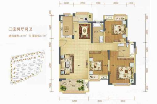 中海外·北岛锦庭组团洋房B户型-3室2厅2卫1厨建筑面积115.00平米