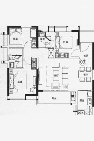 保利紫云B2-03户型-3室2厅2卫1厨建筑面积106.61平米
