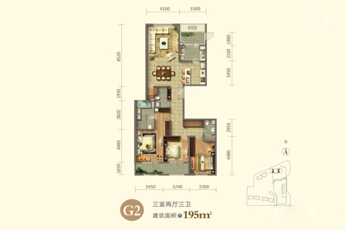 泰和龙庭G2户型-3室2厅3卫1厨建筑面积195.00平米