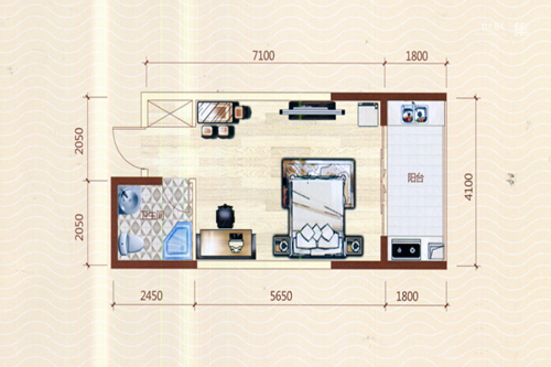 北海假日花园一期R栋R16户型-1室1厅1卫1厨建筑面积42.93平米