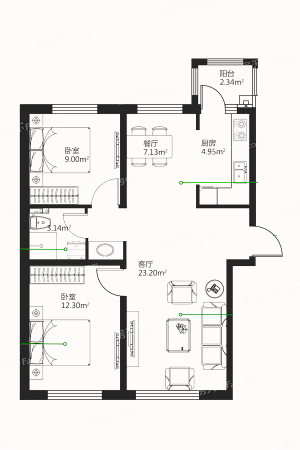 哈西骏赫城A1+户型-2室2厅1卫1厨建筑面积91.00平米
