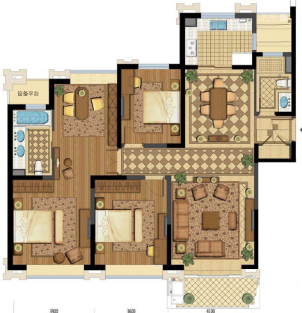 合生财富海景公馆标准层A户型-4室2厅2卫1厨建筑面积160.00平米
