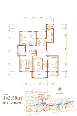 泰丰翠屏山水B-1户型-3室2厅2卫1厨建筑面积142.50平米