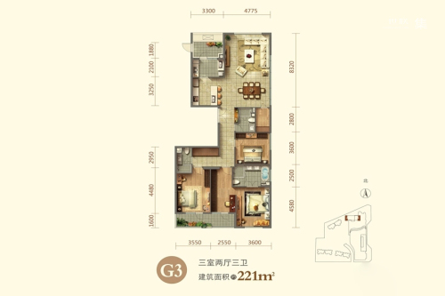 泰和龙庭G3户型-3室2厅3卫1厨建筑面积221.00平米