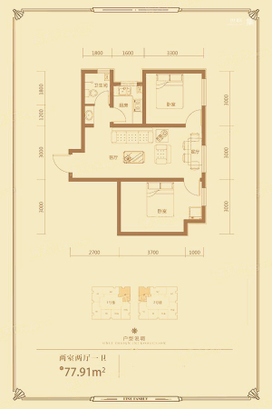陆合玖隆1#2#标准层K2户型-2室2厅1卫1厨建筑面积77.91平米