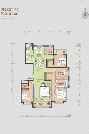 铂宫后海标准层建面250平户型-4室2厅3卫2厨建筑面积250.00平米