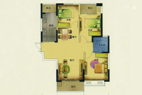 骏景华庭一期1、2#标准层A3户型-3室2厅1卫1厨建筑面积103.24平米