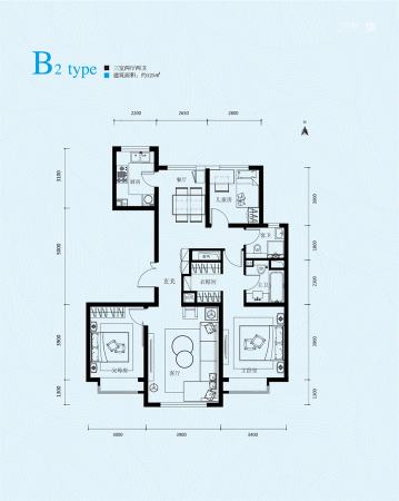 西山甲一号B2户型-3室2厅2卫1厨建筑面积125.00平米