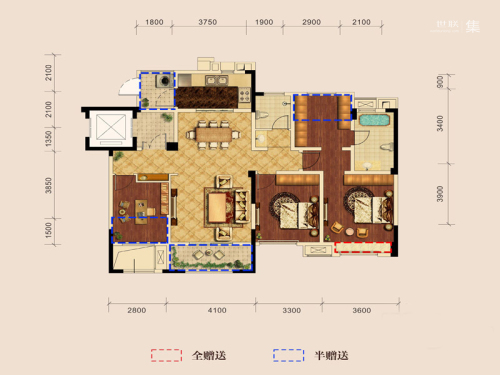 世豪金河谷五期7-14号楼洋房标准层A户型-3室2厅2卫1厨建筑面积120.00平米