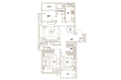 万科金域东方110平户型-3室2厅2卫1厨建筑面积110.00平米