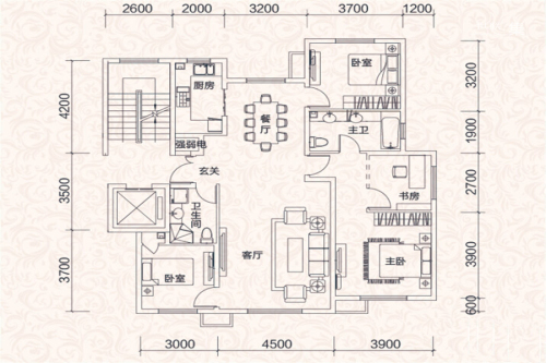 绿地城C区洋房D1户型-4室2厅2卫1厨建筑面积135.00平米
