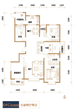 帝王国际6#标准层C户型-5室2厅2卫1厨建筑面积204.28平米
