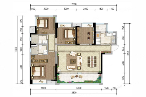 中南上熙府珑悦一期一批次C3户型-4室2厅2卫1厨建筑面积131.00平米