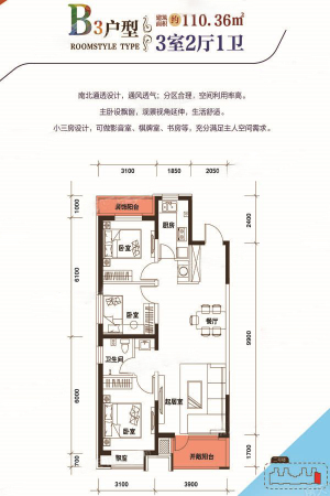 车城万达广场1、2、7、9、10#B3户型-3室2厅1卫1厨建筑面积110.36平米