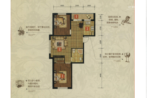 雷凯铂院B1户型-2室2厅1卫1厨建筑面积88.90平米