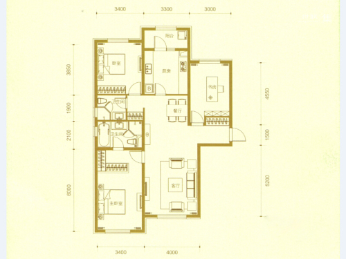 富力城F户型-3室2厅2卫1厨建筑面积140.00平米