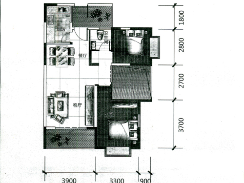 太平洋商业广场一期2#01户型-3室2厅1卫1厨建筑面积85.74平米