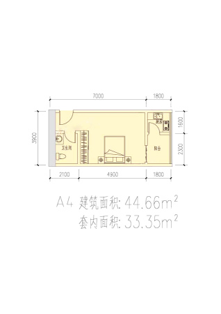 左岸骏景公寓A4-1室1厅1卫1厨建筑面积44.66平米