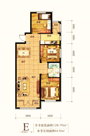 西雅图水岸E户型-3室2厅1卫1厨建筑面积128.70平米