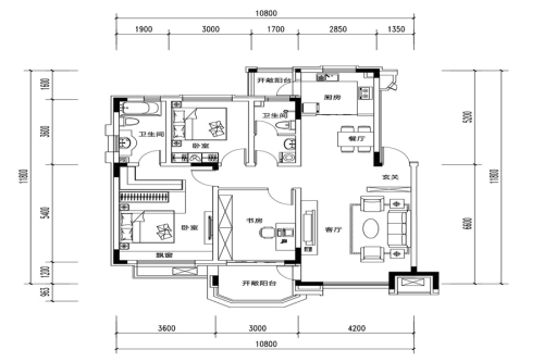 东方银座·莱茵城A户型-3室2厅2卫1厨建筑面积117.82平米